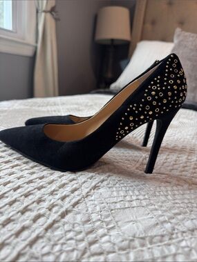 Express Black Suede Pointed Toe Heels with Gold Studs